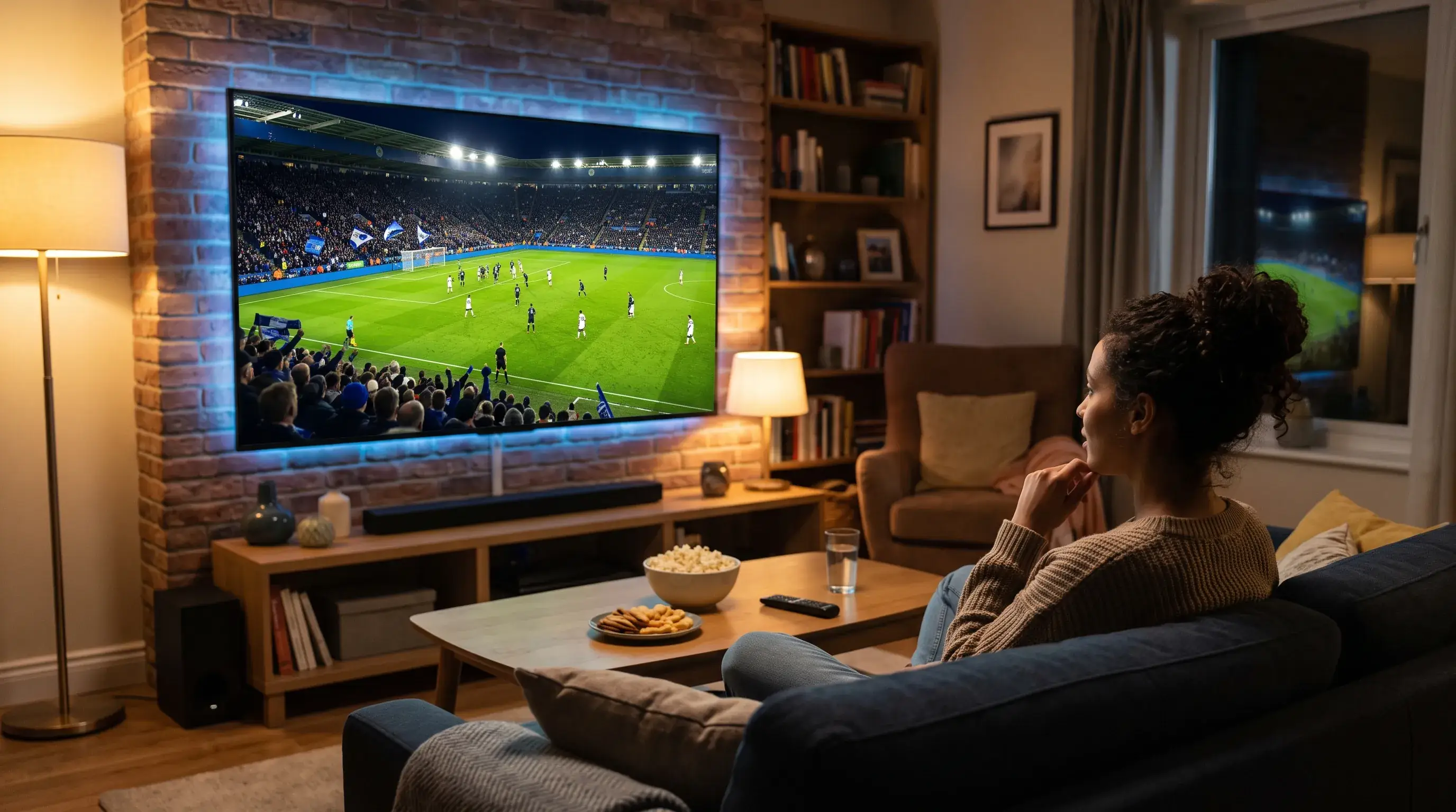 Eredivisie voetbal kijken op een groot tv-scherm in de woonkamer