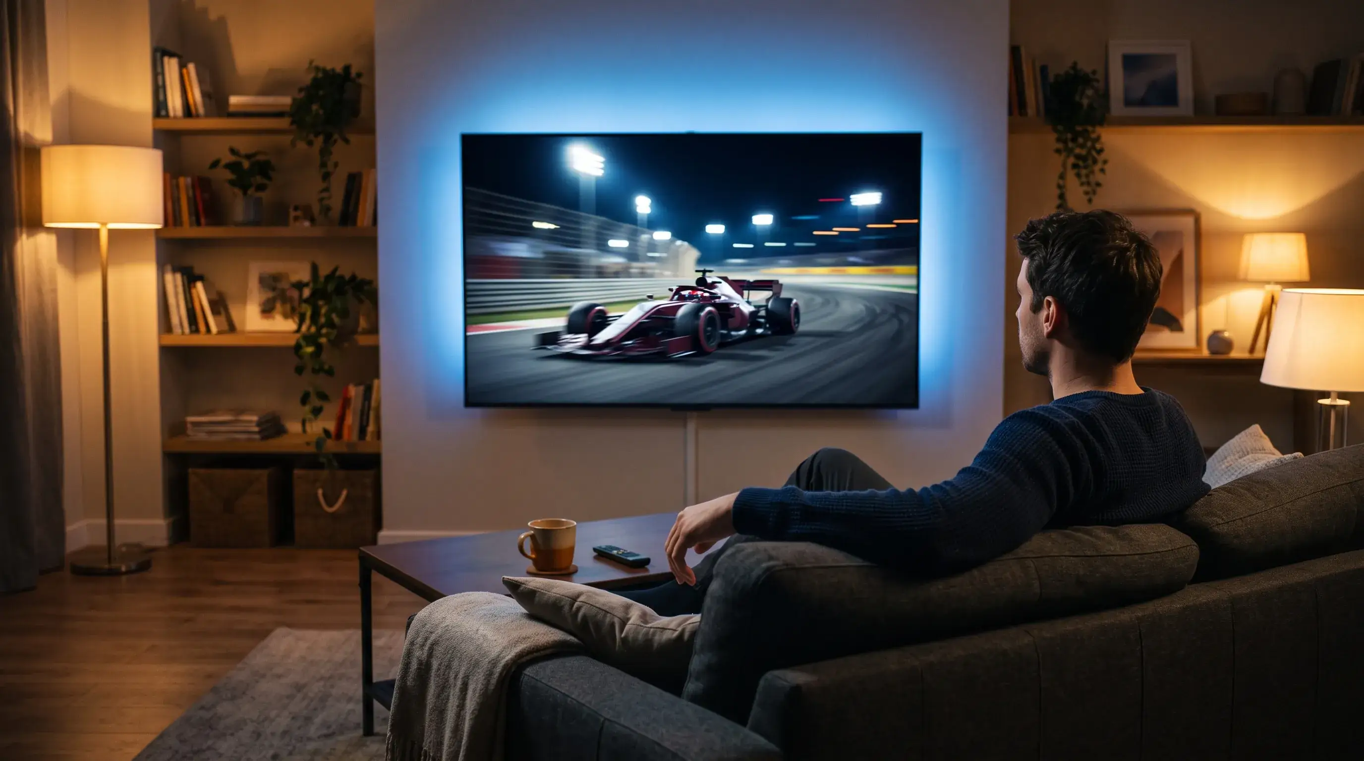 Formule 1 race op een groot tv-scherm in de woonkamer