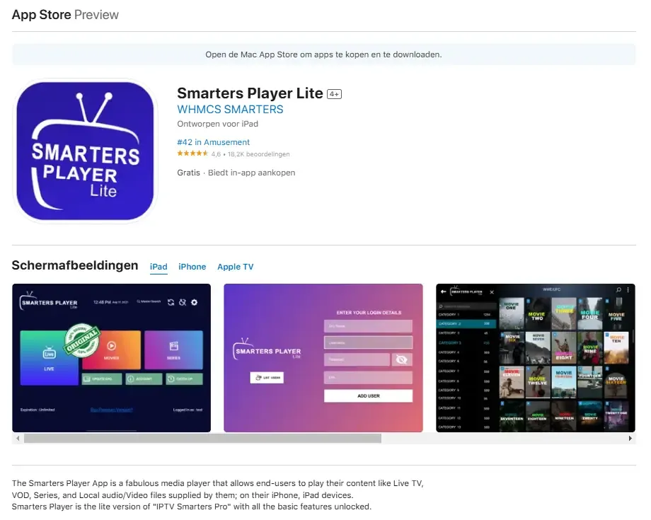 Smarters Player Lite inlogscherm op iOS