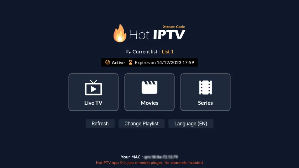 MAC-adres invoeren in HOT IPTV op de hotplayer.app-website